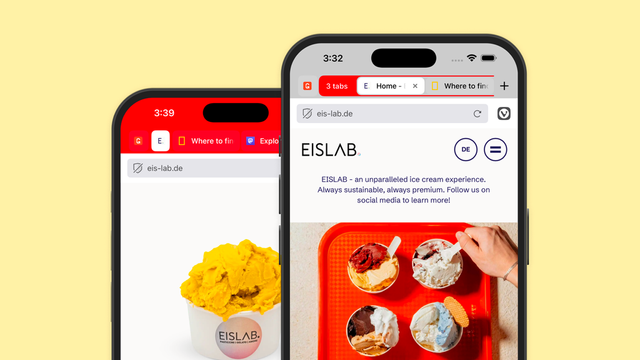 Image shows two iPhones with the Vivaldi Browser app open. In the app, there's some tabs pinned and a stack of tabs.