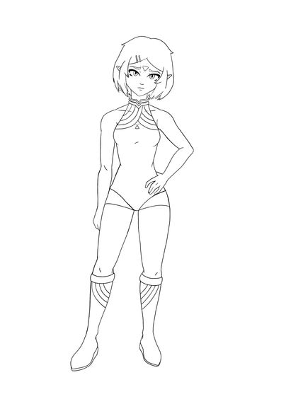 A drawing of a girl. She has short hair that goes down slightly past her chin, short elf ears, and a tattoo of a triangle pointing down is on her forehead. Her bangs are split and on the left side her bangs are clipped in with two thin hair clips. Her outfit is a bodysuit like a one piece swimsuit or leotard. The top of the outfit features thick curved lines that start at the neck and curve over to each arm cutout. On her outfit, in the center of her chest is a small triangle pointing up. She is also wearing simple knee high boots with a pointed toe. Her pose is hand on hip leaning to the right and relaxed but at attention. She has a slightly petite and slightly muscular body form.
