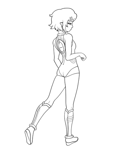 An elf girl with her left foot pulled back almost like a light stretch. Our view of her is from the back. Her facial expression looks uninterested. She wears a one piece leotard like a swimsuit with matching boots. Her boots are wedge heeled and knee high. Both boots and suit feature curved line designs on the top while the suit also features curved lines on the hips going up towards a circle at the center of her upper back. The circle is actually a cutout in her suit showing her bare back. She has a large ring tattoo that matches the position of the circle cutout. 
The girl's hair is about her chin length and bell shaped but messy like a retro bob. She has hair clips holding back her bangs and a triangle tattoo on her forehead pointing down. She also has short elf ears.