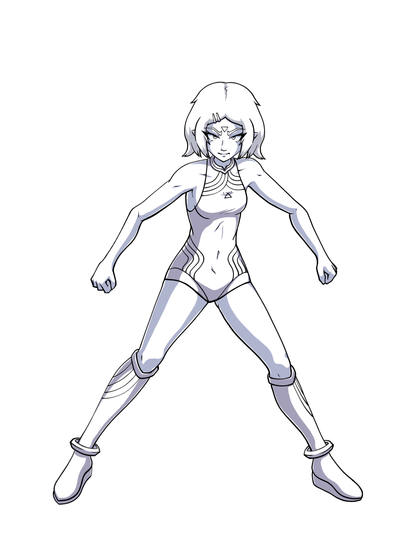 A drawing of a girl. She has short hair that goes down slightly past her chin, short elf ears, and a tattoo of a triangle pointing down is on her forehead. Her bangs are split and on the left side her bangs are clipped in with two thin hair clips. Her outfit is a bodysuit like a one piece swimsuit or leotard. The top of the outfit features thick curved lines that start at the neck and curve over to each arm cutout. On her outfit, in the center of her chest is a small triangle pointing up. She is also wearing simple knee high boots with a pointed toe. Her pose is powerful and serious with a wide stance and arms up in fists. She has an mad expression. She has a slightly petite and slightly muscular body form.