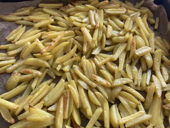 Oven tray with french fries from above