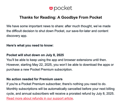 Aviso oficial por parte de POCKET de que su producto será descontinuado.