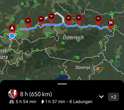 Routenplan vom Bodensee an den Neusiedler See mit 6 Zwischenstopps bei Ladestation von ionity