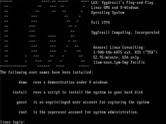 Una pantalla negra de booteo del instalador de Yggdrasil Linux, el 1er Linux booteable desde CD.ROM (1994) arrancando en un Pentium 2 Slot 1 choto con 64 MB de RAM
