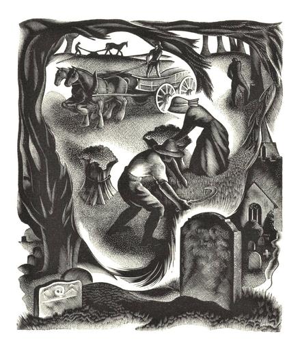 a finely detailed wood block print of various pre-industrial farmers in their fields, plowing behind horses, chopping wood, and cutting and gathering wheat by hand. below this are the headstones of a cemetery leading up to a small, simple church.