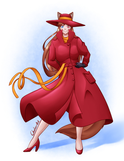 Digital drawing of cat girl Carmen Orin dressed as Carmen Sandiego. Standing upright with her hand on her hip in a confident pose. She has a blue eye and a red eye, long brown hair and a big fluffy tail. She is wearing Carmen's iconic red coat and hat, yellow scarf, red high heels and black gloves. White background with touches of blue.