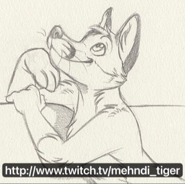 A sketch of an anthro fox looking up with a twitch address on the bottom