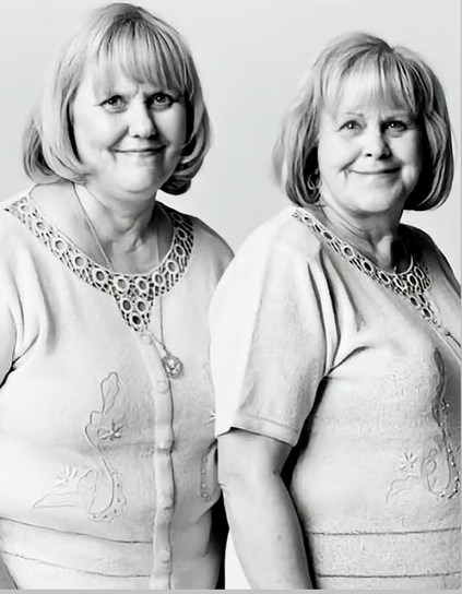 Two mature women with short blond hair, they wear white jumpers with embroidery.