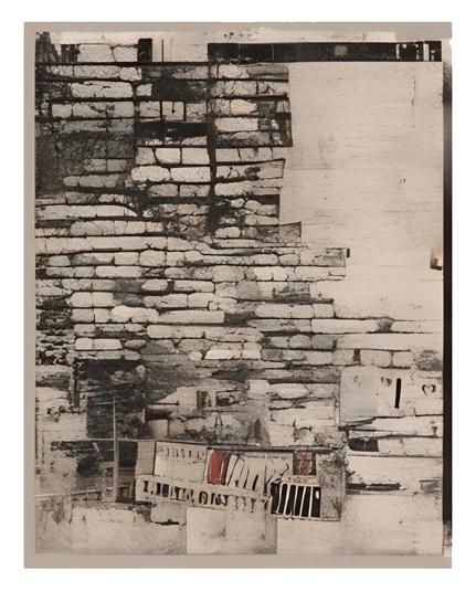 A textured, collage-like composition blending decayed stone walls, crumbling architecture, and fragmented facades. Layers of brick and plaster form an abstract, stratified surface that evokes the slow sedimentation of history. Cracks, voids, and partial structures suggest forgotten buildings compressed into a single visual plane — a place where time has folded into space. The palette is muted and aged, reinforcing a sense of erosion, memory, and ruin.