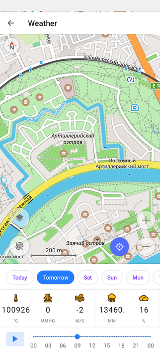 Screenshot of the OsmAnd weather forecast for tomorrow. Screen showing forecast for the Saint-Petersburg and displaying the temperature for tomorrow: 100926 ºC