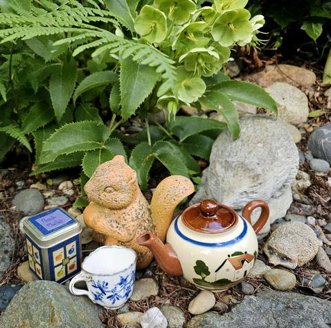 Outdoor tea tableau in a pebbly, wooded setting surrounded by ferns and a hellebore with green blossoms. There is a rustic teapot, graceful vintage cup, and tea tin of a peach raspberry black tea, all with blue detailing, and a terra cotta squirrel statue, and two grey hedgehogs made of clay.