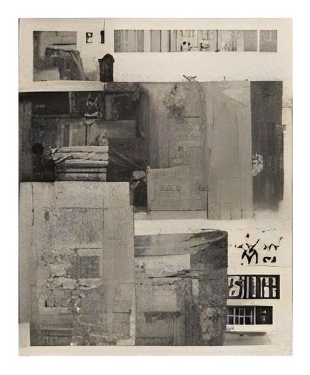 A monochromatic collage of fragmented walls, decaying architectural details, and partial facades arranged in a gridded structure. The surface reads like a palimpsest, with overlapping layers of stone, plaster, and shadow suggesting abandoned sites or erased narratives. Subtle glyph-like markings and window-like voids interrupt the rigid structure, hinting at both human presence and absence. The image conveys a compressed temporality — a place where multiple eras coexist within a single, deteriorating surface.