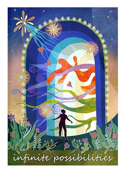 Rainbow colored background. Large archway with vibrant organic shapes and swirls, vivid hearts and starbursts flying out. Before the arch, stands a silhouette of a female form. In the foreground flowering plants and leaves bloom. NOTE: This description created especially for my lovely blind friend, Georgiana. :-)