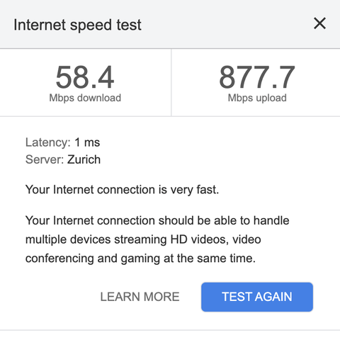 58mbps download und  877.7 mbps upload internet speed test Ergebnis
