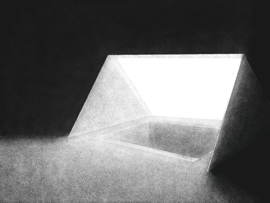 A black and white illustration depicts a geometric architectural structure viewed in perspective. It consists of two slanted planes forming a triangular opening with intense white light emanating from the center. The surrounding space is dark, creating a stark contrast with the illuminated area. The overall composition emphasizes minimalism and spatial depth.