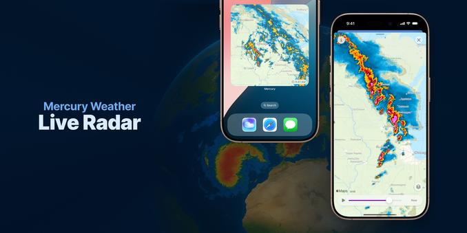 A banner with the text “Mercury Weather Live Radar” and two iPhones showing Mercury Weather, one with the Radar Widget, the other one with the in-app Radar.