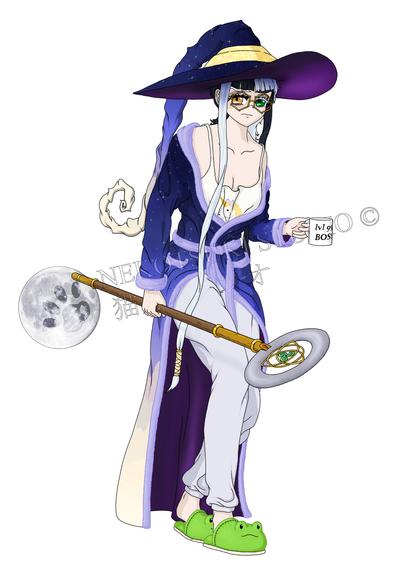 Portrait of Witch/Wizard Merlin, as a tall and tired woman with golden glasses an a witch robe that is rather a bath robe with clouds an stars on it. She's holding an old Triskell staff and a mug of coffee with "lvl99 Boss" on it. And also : Frog slippers.