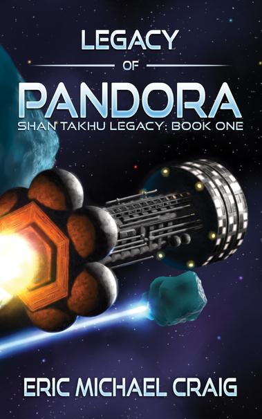 Legacy of Pandora by Eric Michael Craig book cover showing a spaceship under boost along with an icy asteroid also under boost