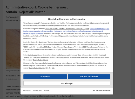 Website. In the background you can see the title "Administrative court: Cookie banner must contain "Reject all" button. But it is covered by a huge cookie banner without a "Reject All" button