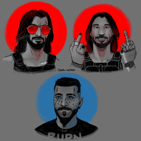 Two headshots of Johnny Silverhand with red accent colour, in the other one he's flipping off his middle fingers. Under them is a headshot of my V smiling with light blue accent colour.