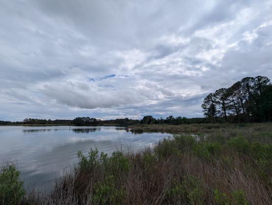 Photo of a stormy but clearing afternoon on Harris Creek and sky is filled with dark brooding cumulus clouds, with  bits of blue sky showing here and there and at the far horizon. Marsh is green with riotous late Spring growth. Creek water is rippled and reflects the sky and clouds.