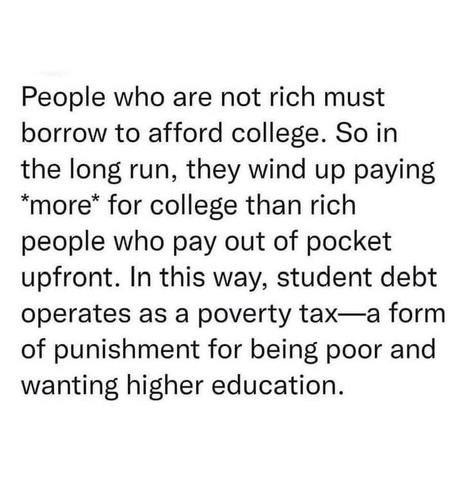 People who are not rich must borrow to afford college. So in the long run, they wind up paying *more* for college than rich people who pay out of pocket upfront. In this way, student debt operates as a poverty tax-a form of punishment for being poor and wanting higher education.