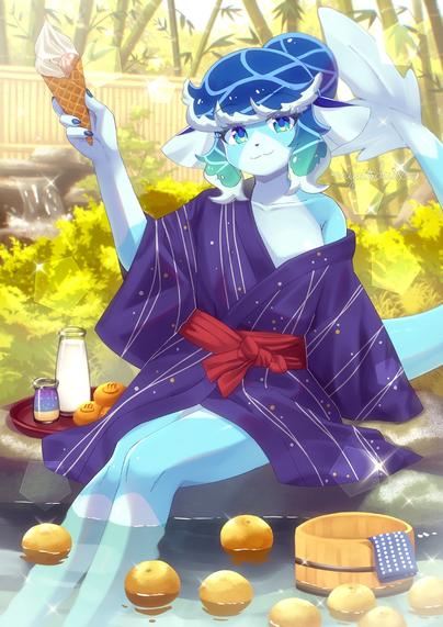 Tags: female, merdog, canine, dog, fantasy, mermaid, yukata, onsen, water, nature, yuzu, food

Mutya in a yukata, she's holding an ice cream and her legs are partially submerged in water.