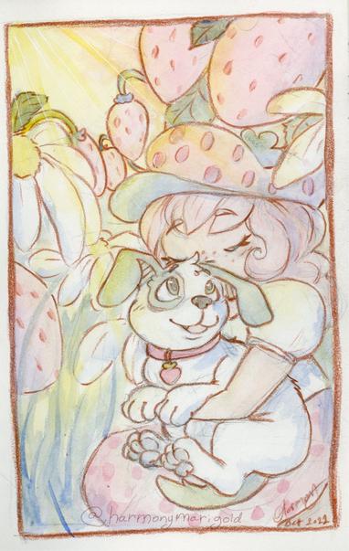 Art of Strawberry Shortcake holding Pupcake, among flowers, berries and sunrays.