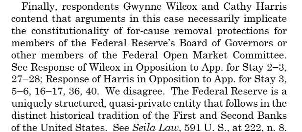 Text block discussing a legal case involving respondents Gwynne Wilcox and Cathy Harris, focusing on the constitutional implications regarding the Federal Reserve's structure and removal protections for its Board of Governors. Includes references to legal responses and a case citation.