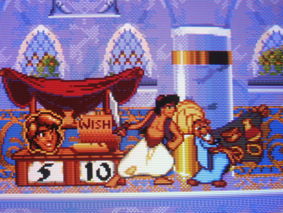 Aladdin peruses a merchant's wares. Unfortunately he doesn't possess the capital for extra lives or wishes.