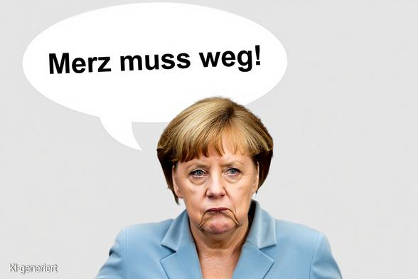 !B Merkel mit Sprechblase "Merz muss weg!"