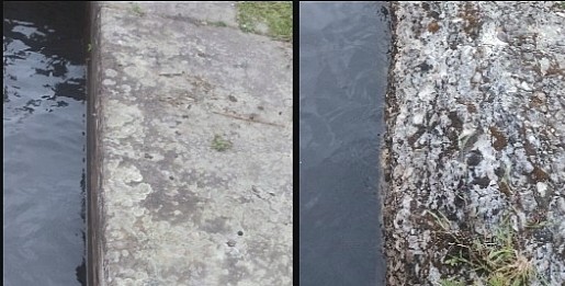 Two cropped photos looking down at the edge of a lock chamber that's full of water.
Left photo: a stone lock wall, showing some wear, but a relatively smooth surface.
Right photo: a concrete edge, showing a broken, irregular surface and large pieces of exposed gravel.