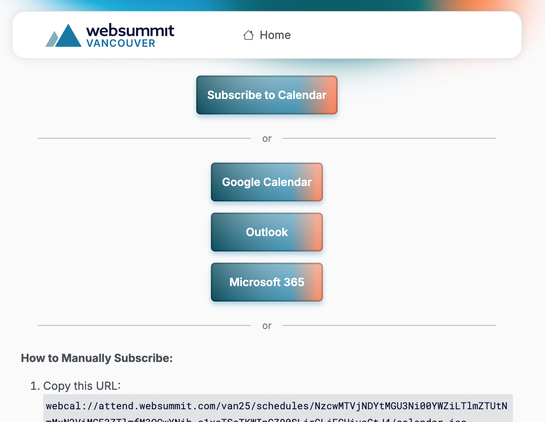 Screenshot of the elusive calendar ICS page for the Web Summit Vancouver. It offers a way for you to import your schedule into whatever calendar you use.