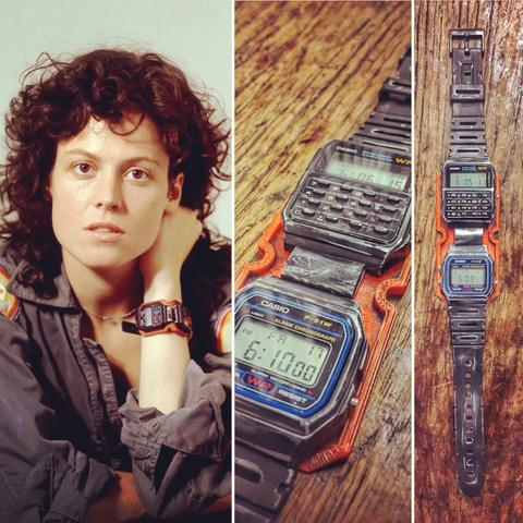 A collage of three images. One of the actress Sigourney Weaver wearing a watch made out of two different casio watches stitched together. And two other images showcasing the watch itself.