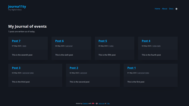 Screenshot of the new journa11ty website, made with 11ty and pico css.