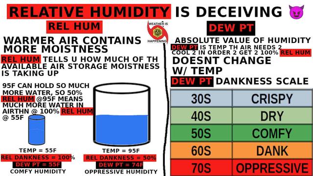ELATIVE HUMIDITY IS DECEIVING

REL HUM

WARMER AIR CONTAINS MORE MOISTNESS
REL HUM TELLS U HOW MUCH OF THE AVAILABLE AIR STORAGE MOISTNESS TAKES UP

95F CAN HOLD SO MUCH MORE WATER, SO 50% REL HUM @95F MEANS MUCH MORE WATER IN THE AIR THEN @ 100% REL HUM @ 55F

TEMP = 55F
REL DANKNESS = 100%
DEW PT = 55F
COMFY HUMIDITY

TEMP = 95F
REL DANKNESS = 50%
DEW PT = 74F
OPPRESSIVE HUMIDITY

DEW PT

ABSOLUTE VALUE OF HUMIDITY
DEW PT IS TEMP THE AIR NEEDS 2 COOL 2 IN ORDER 2 GET 2 100% REL HUM
DOESNT CHANGE W/ TEMP

DEW PT DANKNESS SCALE
30S CRISPY
40S DRY
50S COMFY
60S DANK
70S OPPRESSIVE