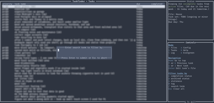 A screenshot of taskfinder, a terminal user interface, showing the dialog box of the new feature - filtering tasks by a search term - with actual tasks behind it blurred out.