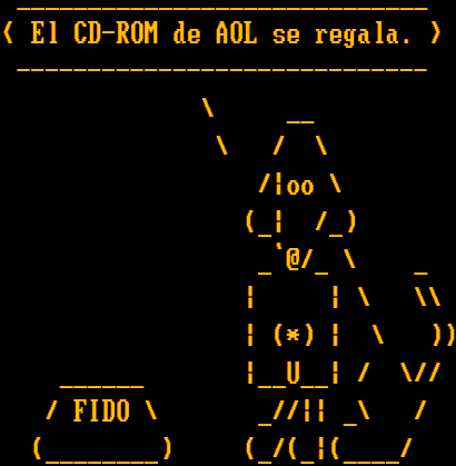 Un arte ASCII del perro de FidoNet que dice "El CD-ROM de AOL se regala".