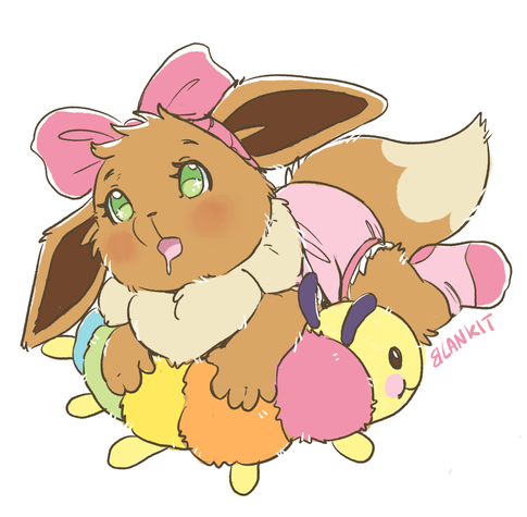 Art of a baby eevee having tummy time with a caterpillar pillow.