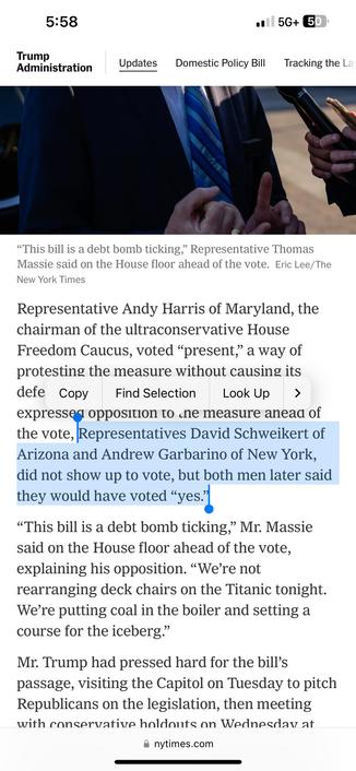From the NY Times: "Representatives David Schweikert of Arizona and Andrew Garbarino of New York did not show up to vote, but both men later said they would have voted "yes."