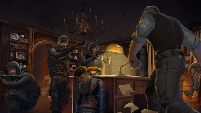 Image by teddy09.

Valentine Rao leads an assault on the home of Himon Merec, current kingpin of Verona.

It's a bloody battle that leaves many dead, and there are a few evident in the picture.

Valentine is holding an assault rifle pointing at his adversary, a couple of mercenaries at his side. Facing them is Himon Merec, who is a large, muscular individual, and not intimidated by the violence.

They have violated his inner sanctum, his ornate study decorated with wooden panelling and a large oaken desk with a chandelier hanging from the ceiling.
