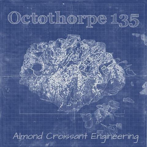 A blueprint of an almond croissant with “Octothorpe 135” written at the top and “almond croissant engineering” at the bottom.