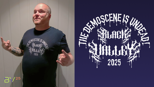 Menace is wearing a mockup of this year's party shirt. The full design is next to it, it reads: The Demoscene is undead! Black Valley 2025