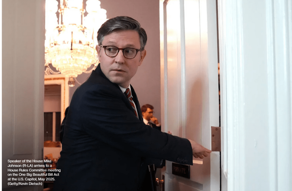 Speaker of the House Mike Johnson (R-LA) entering a House Rules Committee meeting at the U.S. Capitol, May 2025.