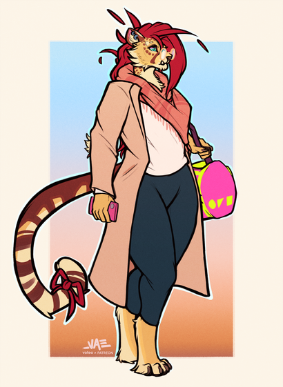 A cheetah character standing holding a pink and green duffel bag and phone, wearing a warm looking outfit. They have a orange-pink patterned scarf on, a white long sleeved shirt and a black pair of tights, as well as a long open beige coat