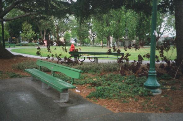 Someone sits with their bike alone on a green park bench under trees in a park