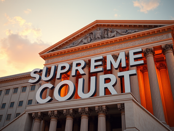 Close-up view of the Supreme Court building with the word 'SUPREME COURT' prominently displayed in front, illuminated by warm light against a scenic sky.