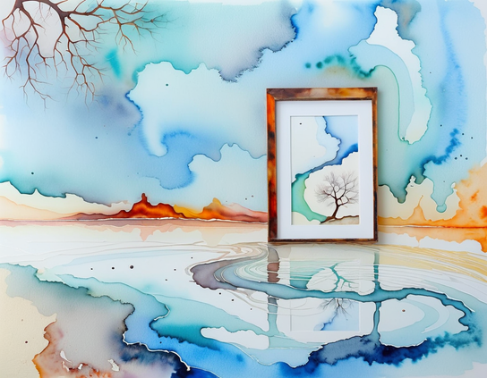 A painted landscape in soft gradient washes of blues and earth tones, featuring a bare tree contemplating a framed painting of itself; the painting within a painting is reflected in a mirror still puddle on the ground. Watercolor style.