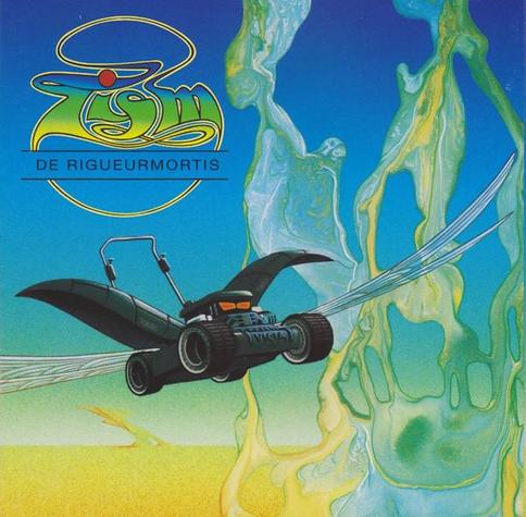 You've taken a little more than a mico-dose of acid and you can see a winged Victa lawn mower flying through a blue / green sky with vertical clouds with iridescent yellow and green colours.

For some reason that you don't recall, the TISM logo is floating in the top left hand corner, coloured in a psychodelic blue-green-yellow gradient.

Underneath in black are the words "De Rigueurmortis" which you're sure are trying to tell you something deep about the universe but the meaning is eluding yoy and drifting through your mind like smoke through your fingers.