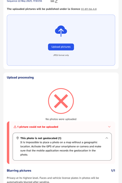 Panoramax failure screen shot, claiming the image is not geolocated. Which it is.